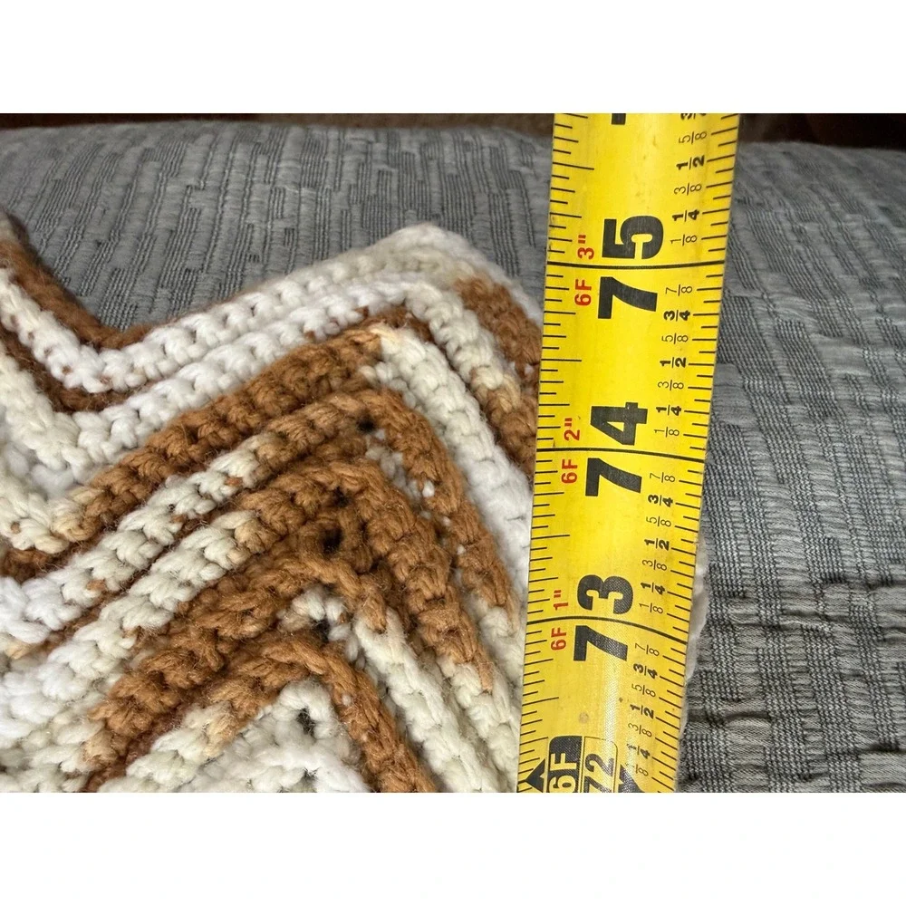 Vintage Handmade Crochet‎ Chevron Cream Tan Brown Afghan Blanket Throw 75
